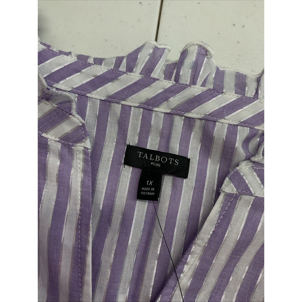 Talbots Lavender-White Striped Ruffle Neck Button-Front Blouse - Picture 4 of 7
